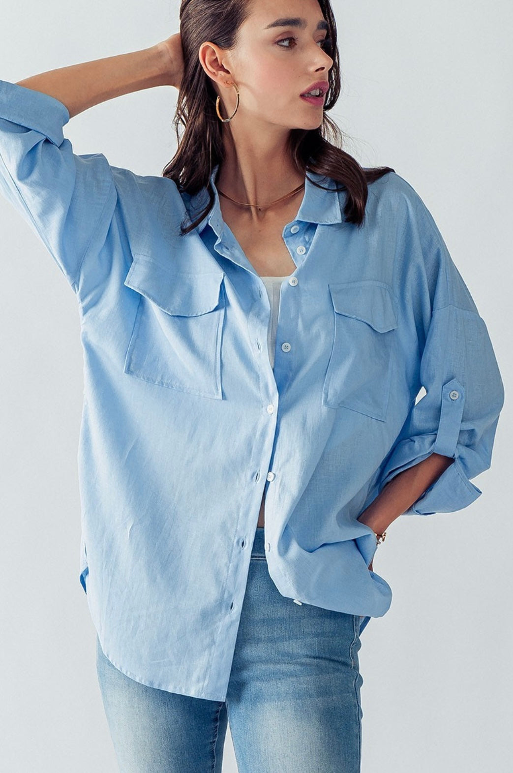 Oversized Chest Patch Pockets Button Up Shirt