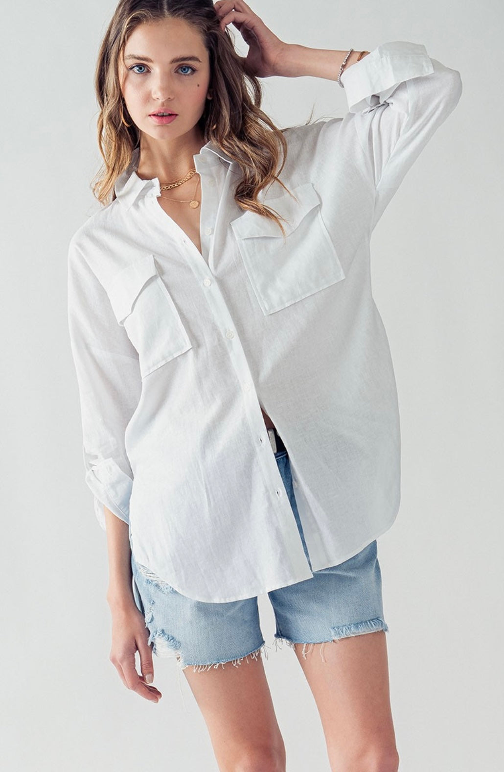 Oversized Chest Patch Pockets Button Up Shirt